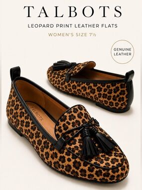 ✨ Talbots Leopard Print Leather Tassel Loafers Size 7.5 NWOT Haircalf Flats